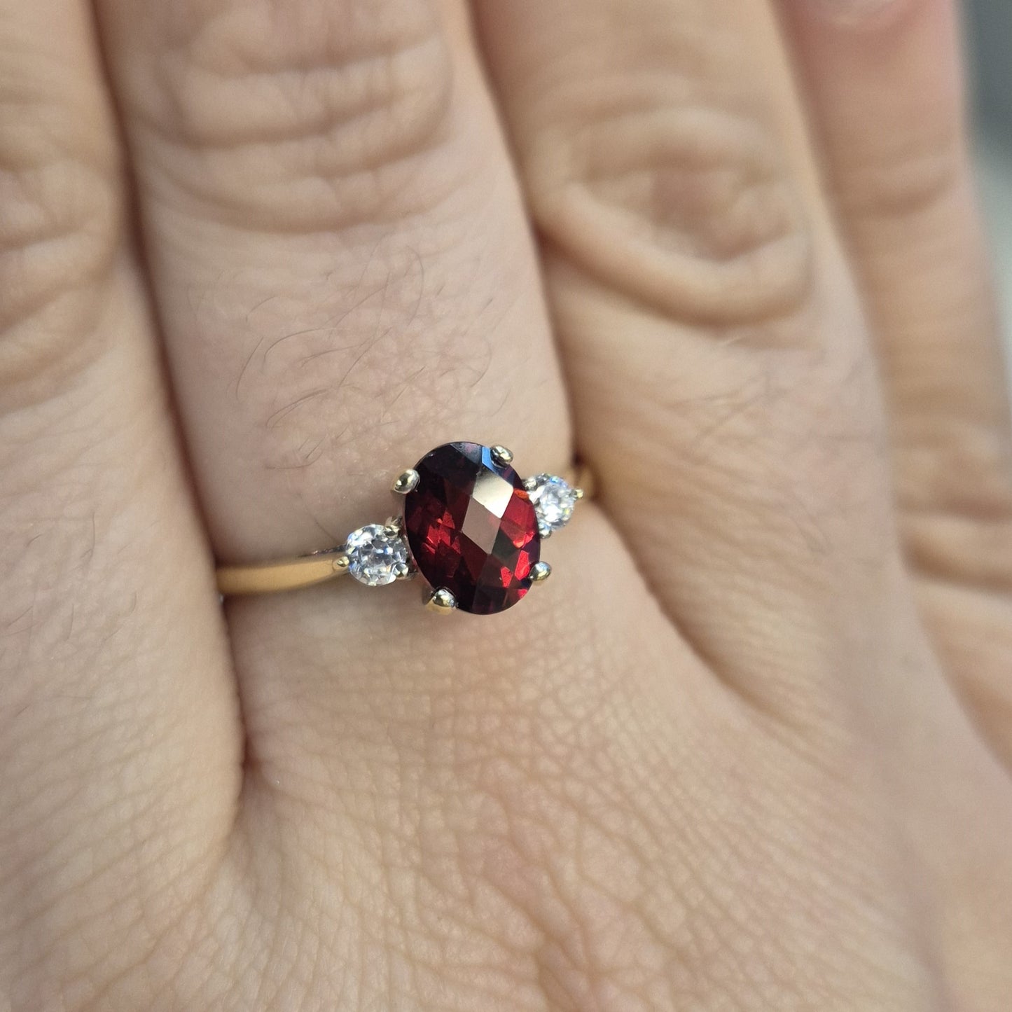 9ct Yellow Gold Garnet and Cubic Zirconia Three stone ring