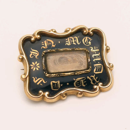 Antique 1800s Gold Black Detailed Mourning brooch with hair panel