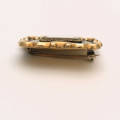 Antique 1800s Gold Black Detailed Mourning brooch with hair panel