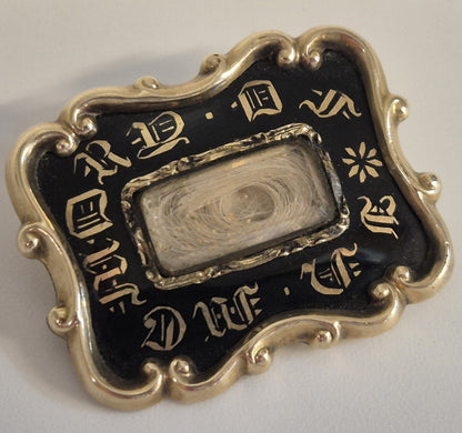 Antique 1800s Gold Black Detailed Mourning brooch with hair panel
