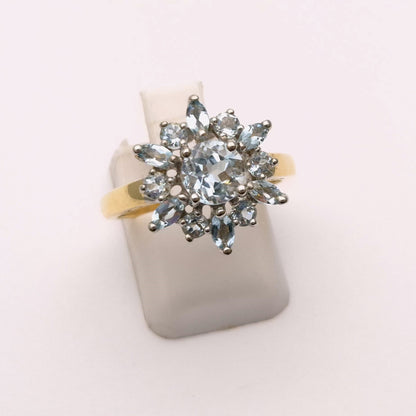 9ct Yellow Gold Blue Topaz Starburst Cluster Ring