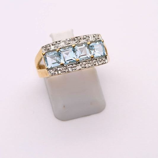 9ct Yellow Gold Blue Topaz and Diamond Ring