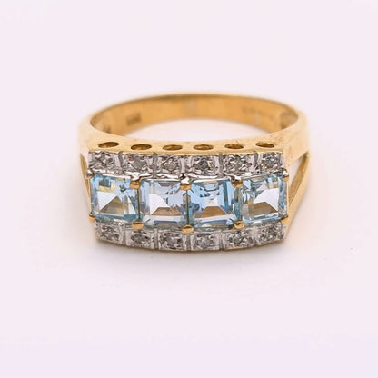 9ct Yellow Gold Blue Topaz and Diamond Ring