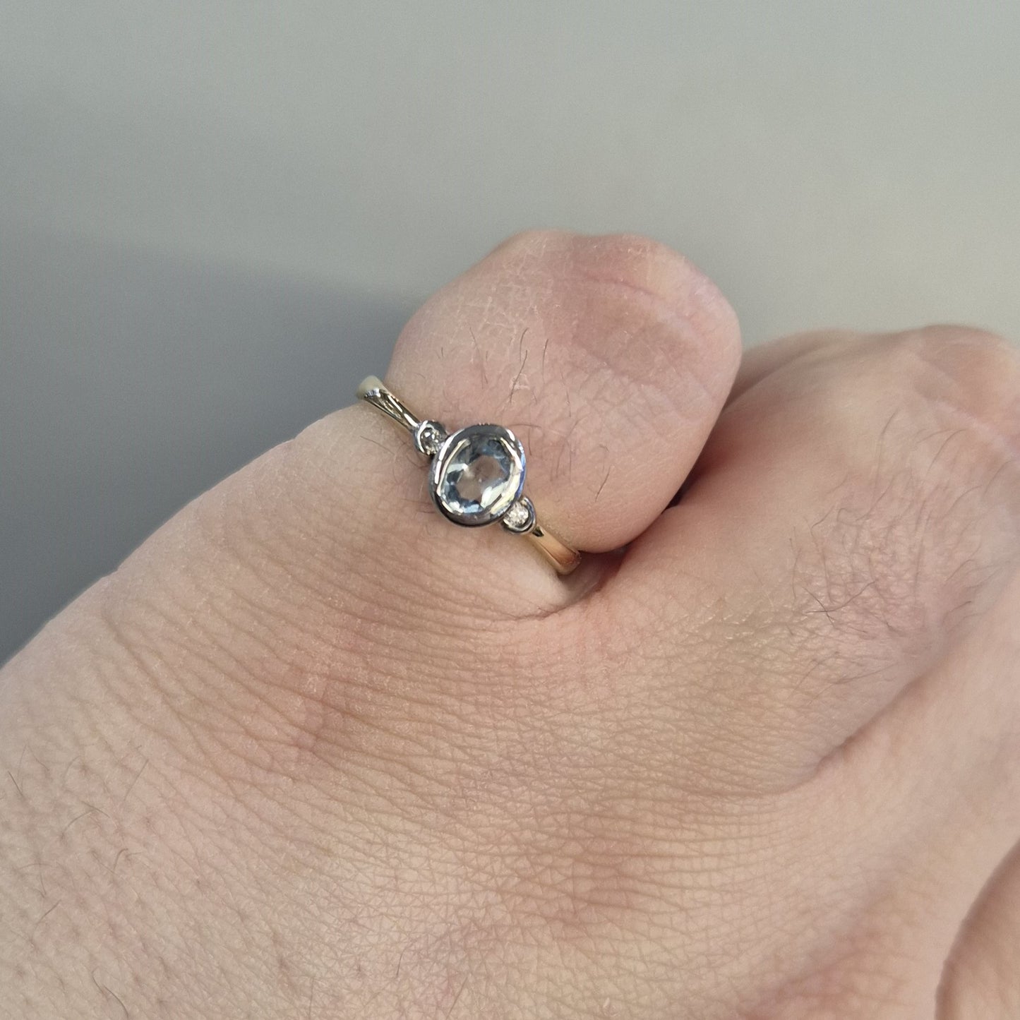 9ct Yellow Gold Blue Topaz and Diamond Trilogy Ring