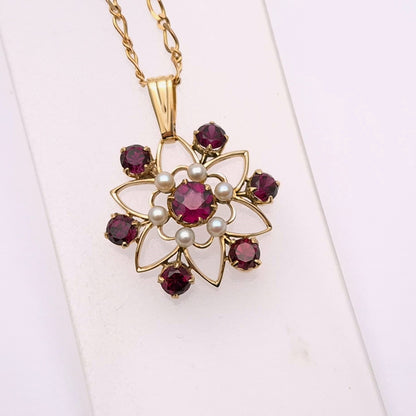 9ct Rhodolite Garnet and Pearl Star/ Flower Shaped Cut-out Pendant