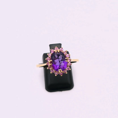 9ct Yellow Gold Amethyst and Pink Cubic Zirconia Cluster Ring