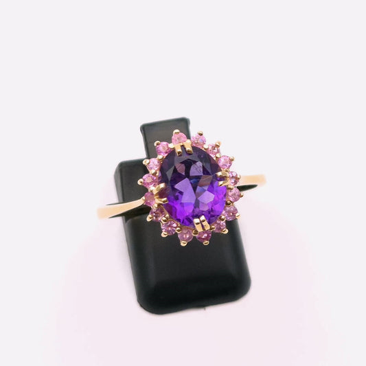 9ct Yellow Gold Amethyst and Pink Cubic Zirconia Cluster Ring