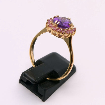 9ct Yellow Gold Amethyst and Pink Cubic Zirconia Cluster Ring