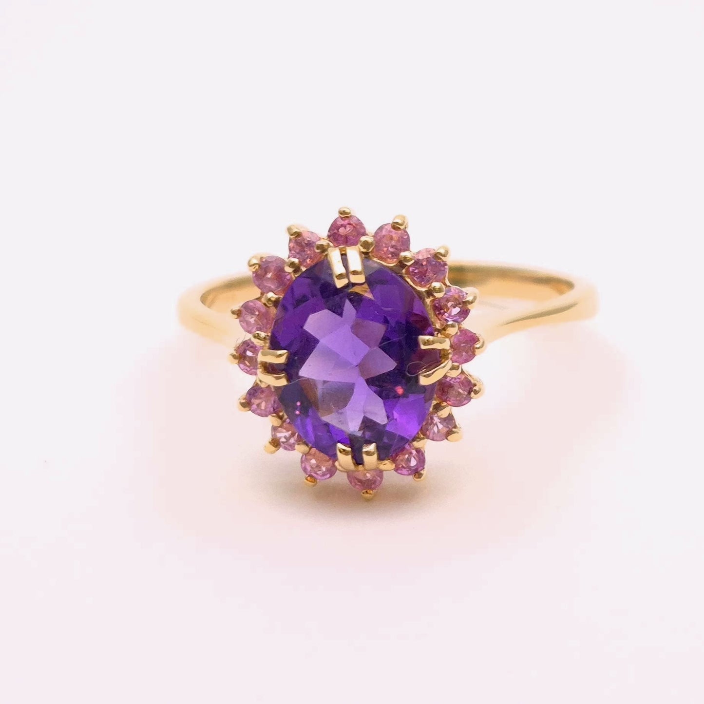 9ct Yellow Gold Amethyst and Pink Cubic Zirconia Cluster Ring