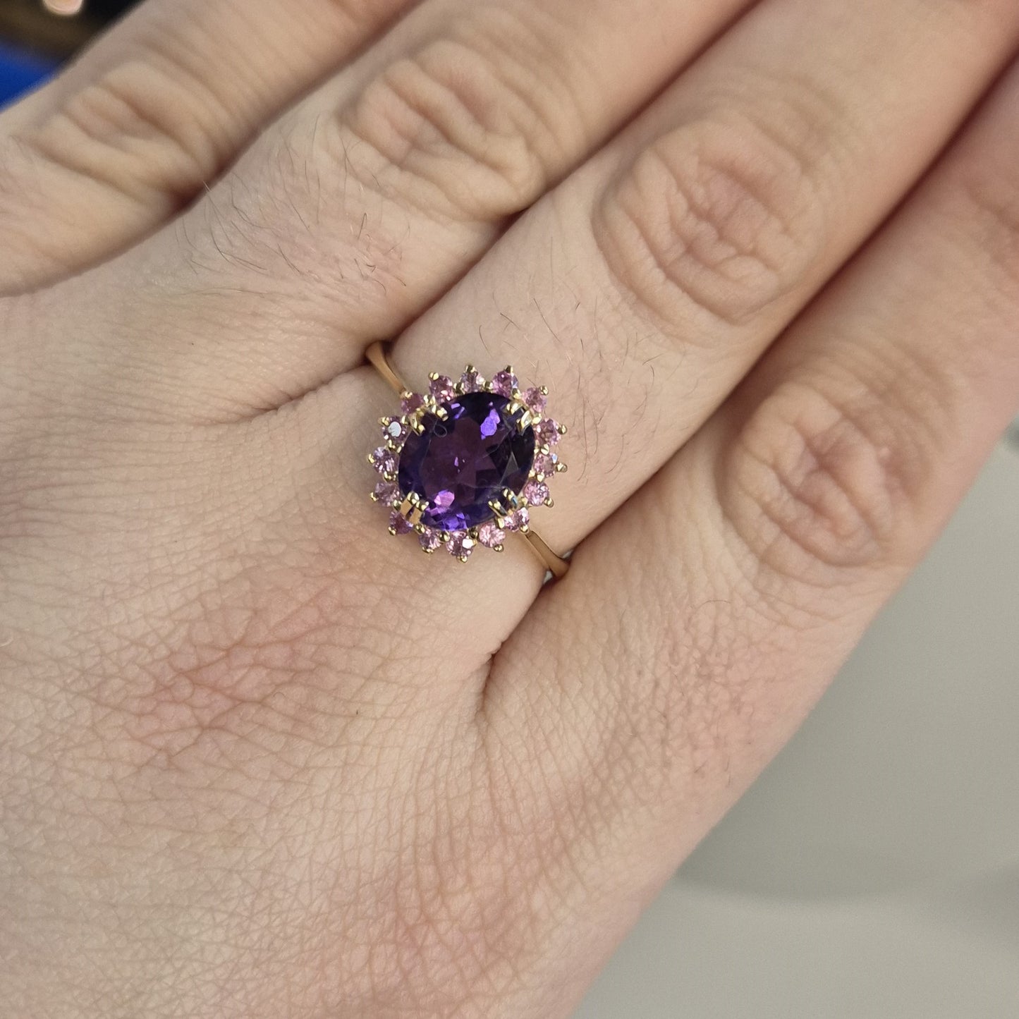 9ct Yellow Gold Amethyst and Pink Cubic Zirconia Cluster Ring