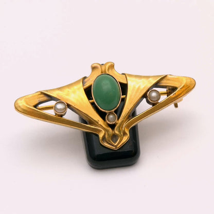 14ct Yellow gold Turquoise and Pearl Art Nouveau Brooch