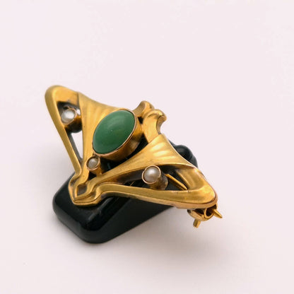 14ct Yellow gold Turquoise and Pearl Art Nouveau Brooch