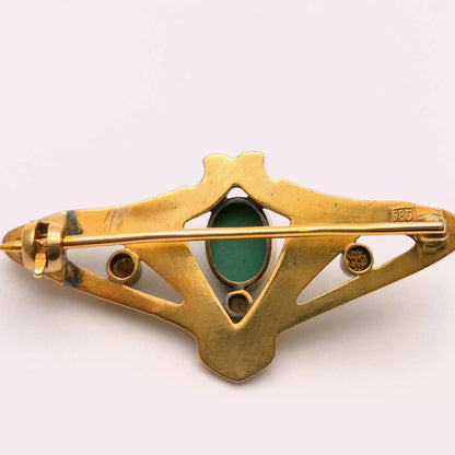 14ct Yellow gold Turquoise and Pearl Art Nouveau Brooch