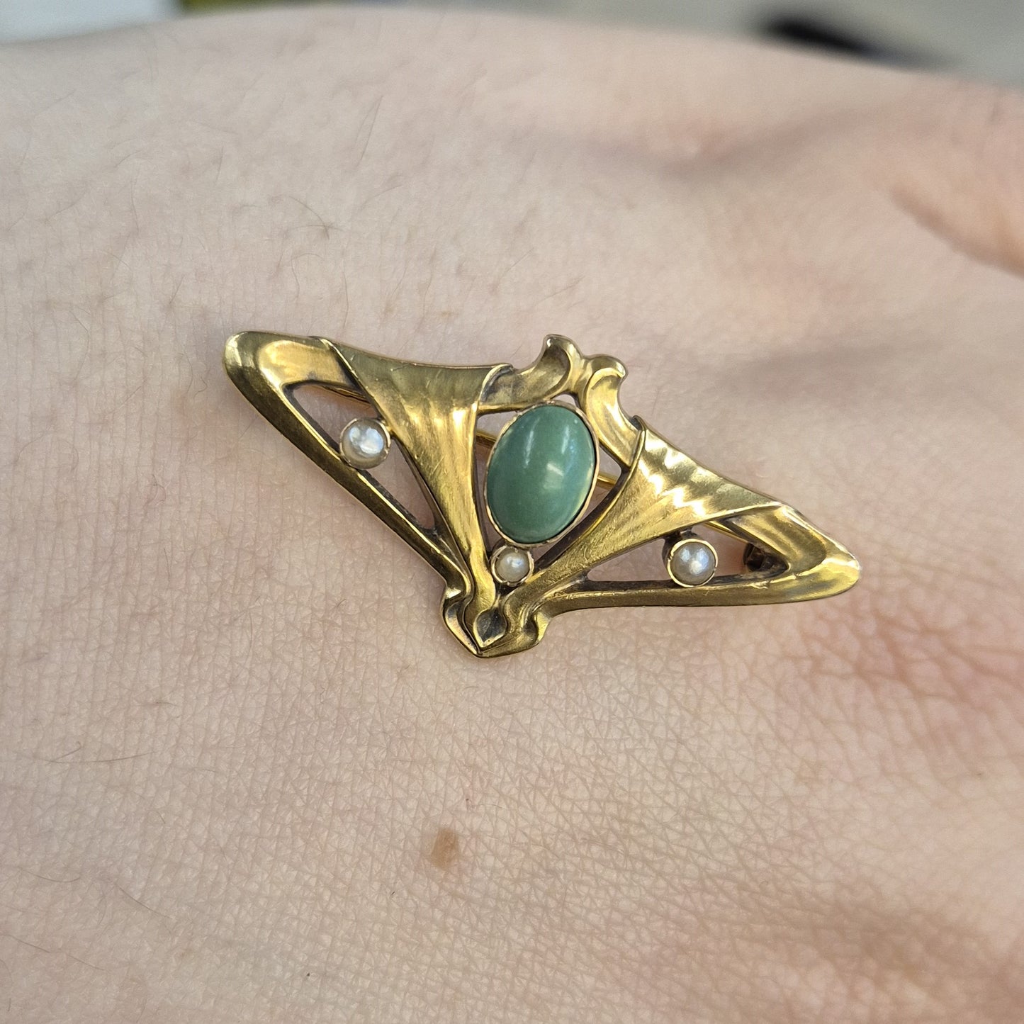 14ct Yellow gold Turquoise and Pearl Art Nouveau Brooch