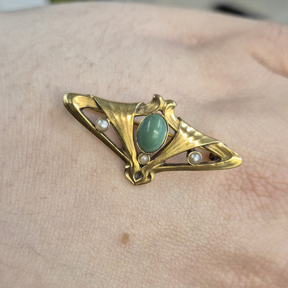 14ct Yellow gold Turquoise and Pearl Art Nouveau Brooch