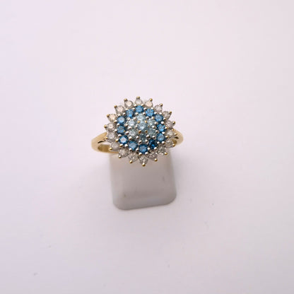 9ct Yellow Gold White and Blue Diamond Cluster Ring