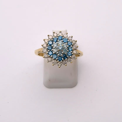 9ct Yellow Gold White and Blue Diamond Cluster Ring