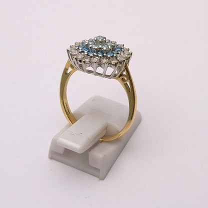 9ct Yellow Gold White and Blue Diamond Cluster Ring