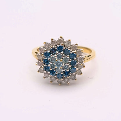 9ct Yellow Gold White and Blue Diamond Cluster Ring