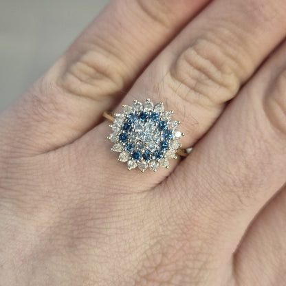 9ct Yellow Gold White and Blue Diamond Cluster Ring