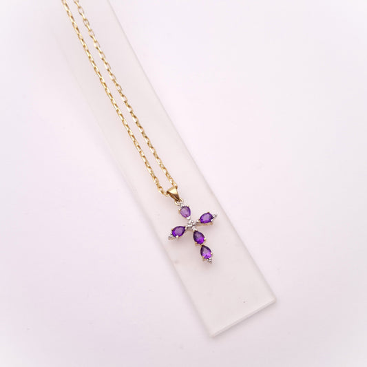 9ct Yellow Gold Amethyst and Diamond Cross Necklace