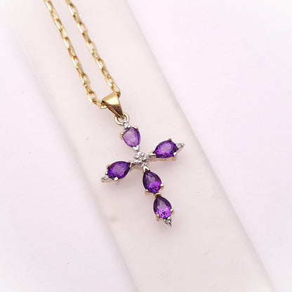 9ct Yellow Gold Amethyst and Diamond Cross Necklace