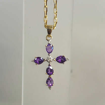 9ct Yellow Gold Amethyst and Diamond Cross Necklace