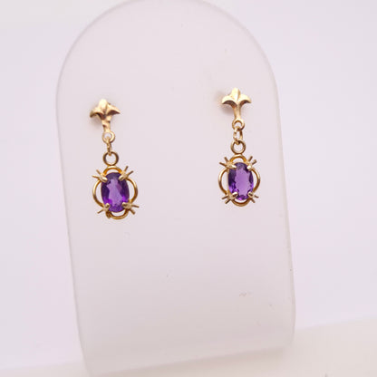 9ct yellow Gold Traditional Style Amethyst Drop Earrings