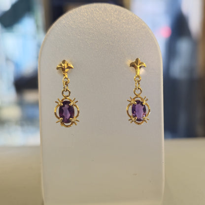 9ct yellow Gold Traditional Style Amethyst Drop Earrings