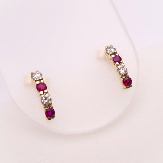 9ct Yellow Gold Ruby and Diamond Row Stud Earrings