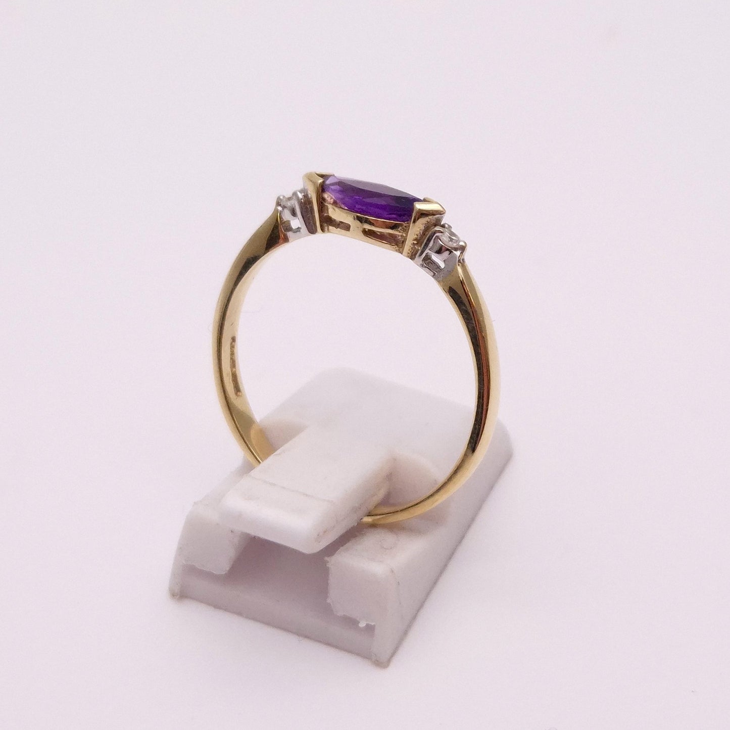 9ct Yellow Gold Amethyst and Diamond Trilogy Three Stone Ring