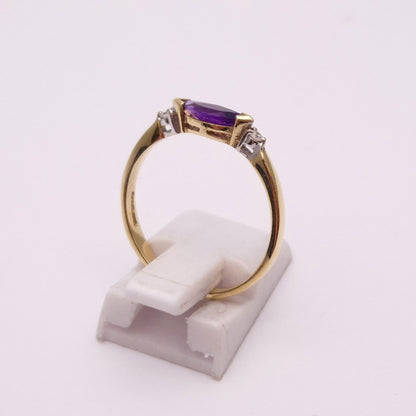 9ct Yellow Gold Amethyst and Diamond Trilogy Three Stone Ring