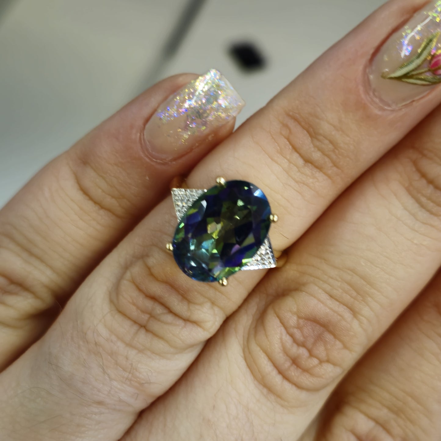 9ct Yellow Gold Mystic Topaz and Diamond Ring