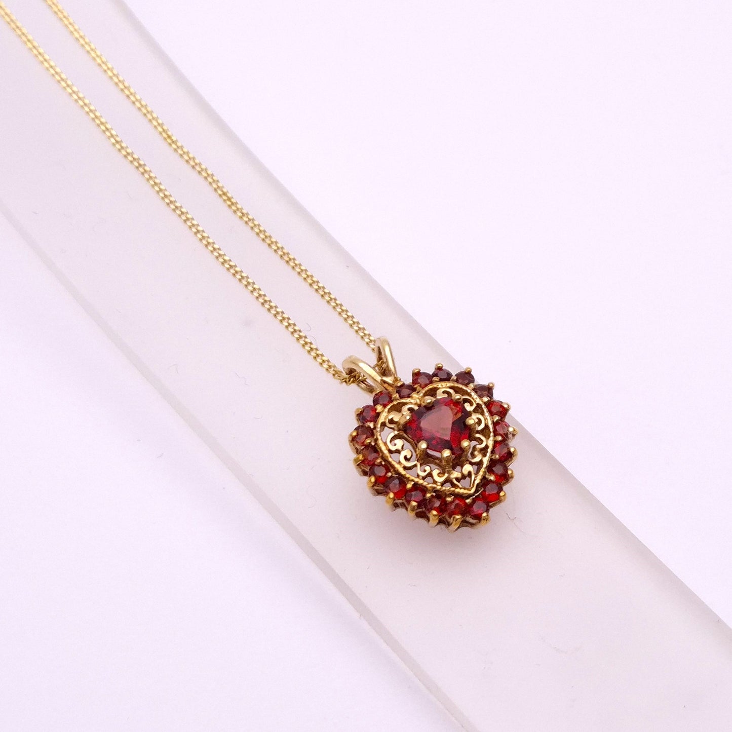 9ct Yellow Gold Open-work Garnet Heart Pendant Necklace