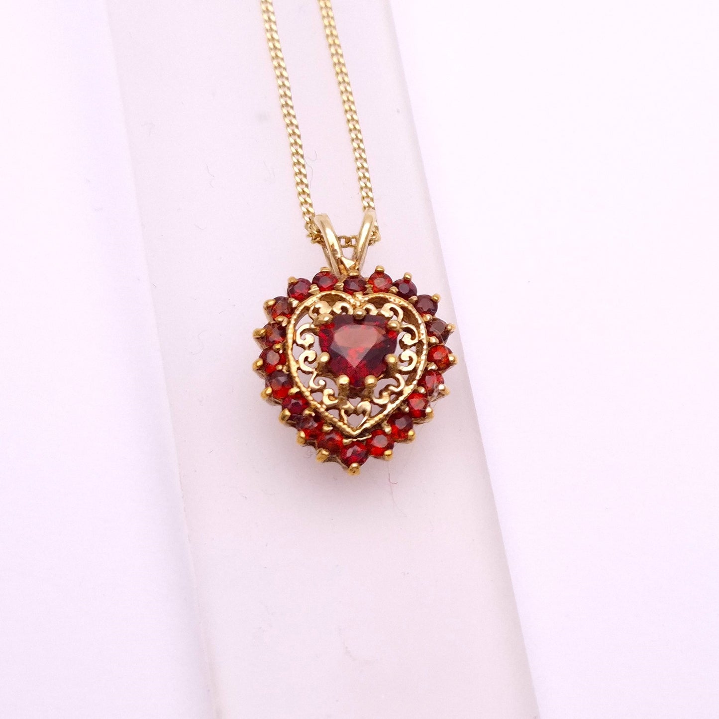 9ct Yellow Gold Open-work Garnet Heart Pendant Necklace