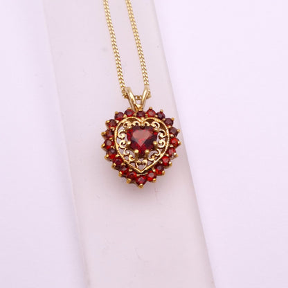 9ct Yellow Gold Open-work Garnet Heart Pendant Necklace