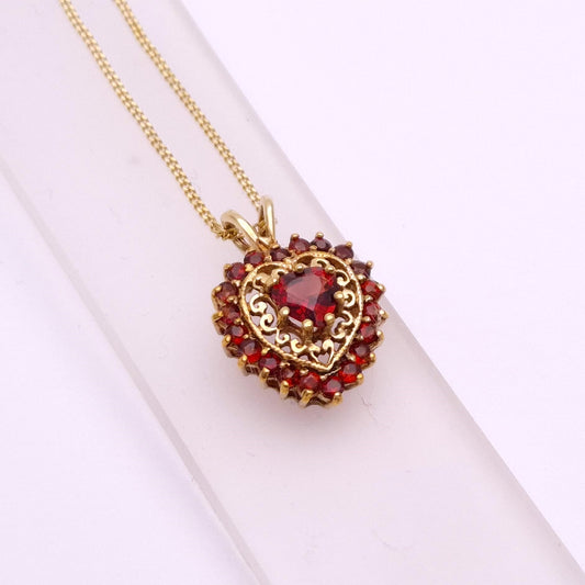 9ct Yellow Gold Open-work Garnet Heart Pendant Necklace