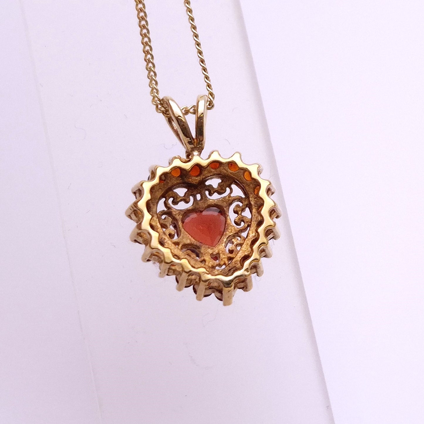 9ct Yellow Gold Open-work Garnet Heart Pendant Necklace