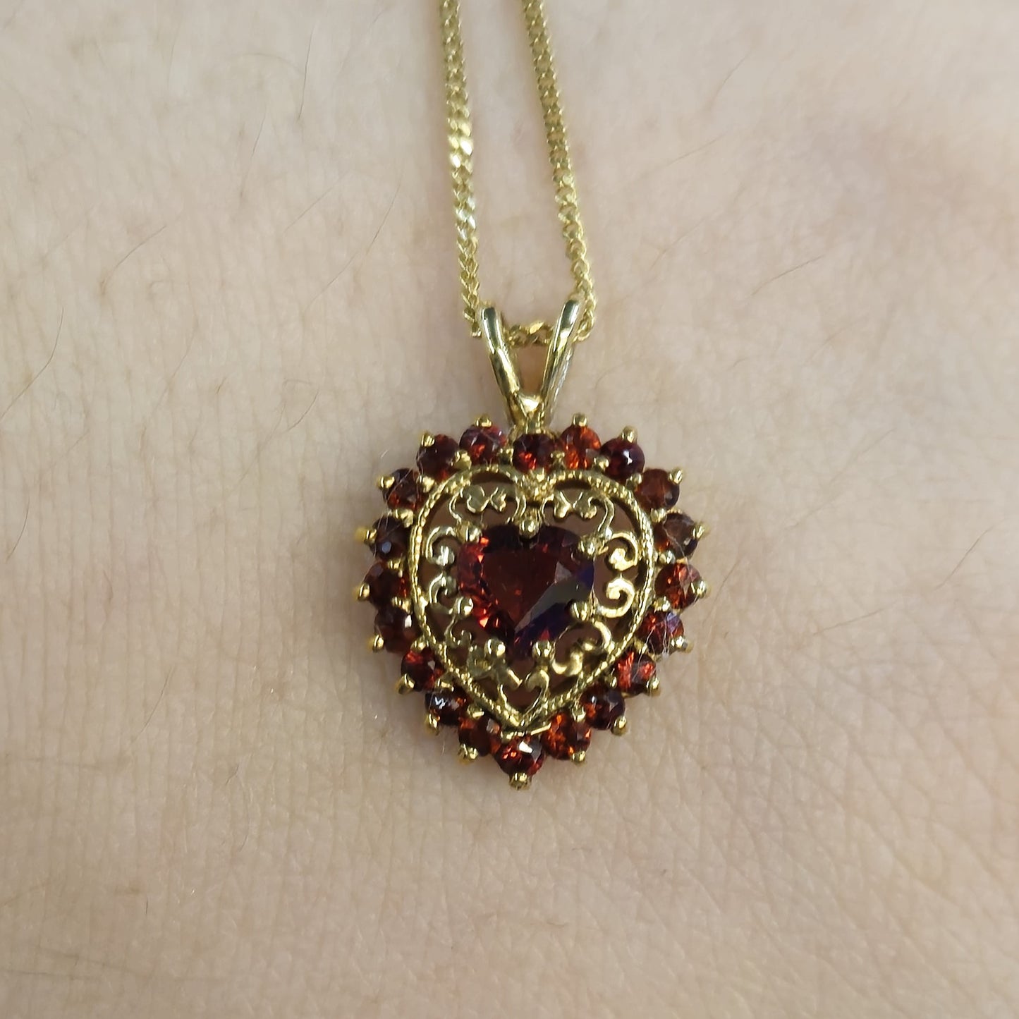 9ct Yellow Gold Open-work Garnet Heart Pendant Necklace