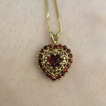 9ct Yellow Gold Open-work Garnet Heart Pendant Necklace