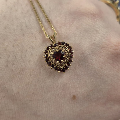 9ct Yellow Gold Open-work Garnet Heart Pendant Necklace