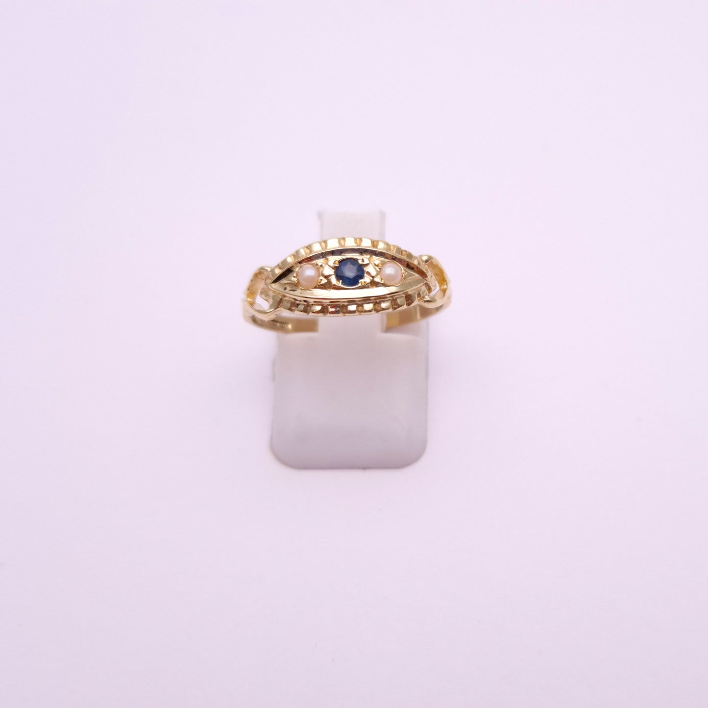 9ct Yellow Gold Sapphire and Pearl Repro Boat Ring