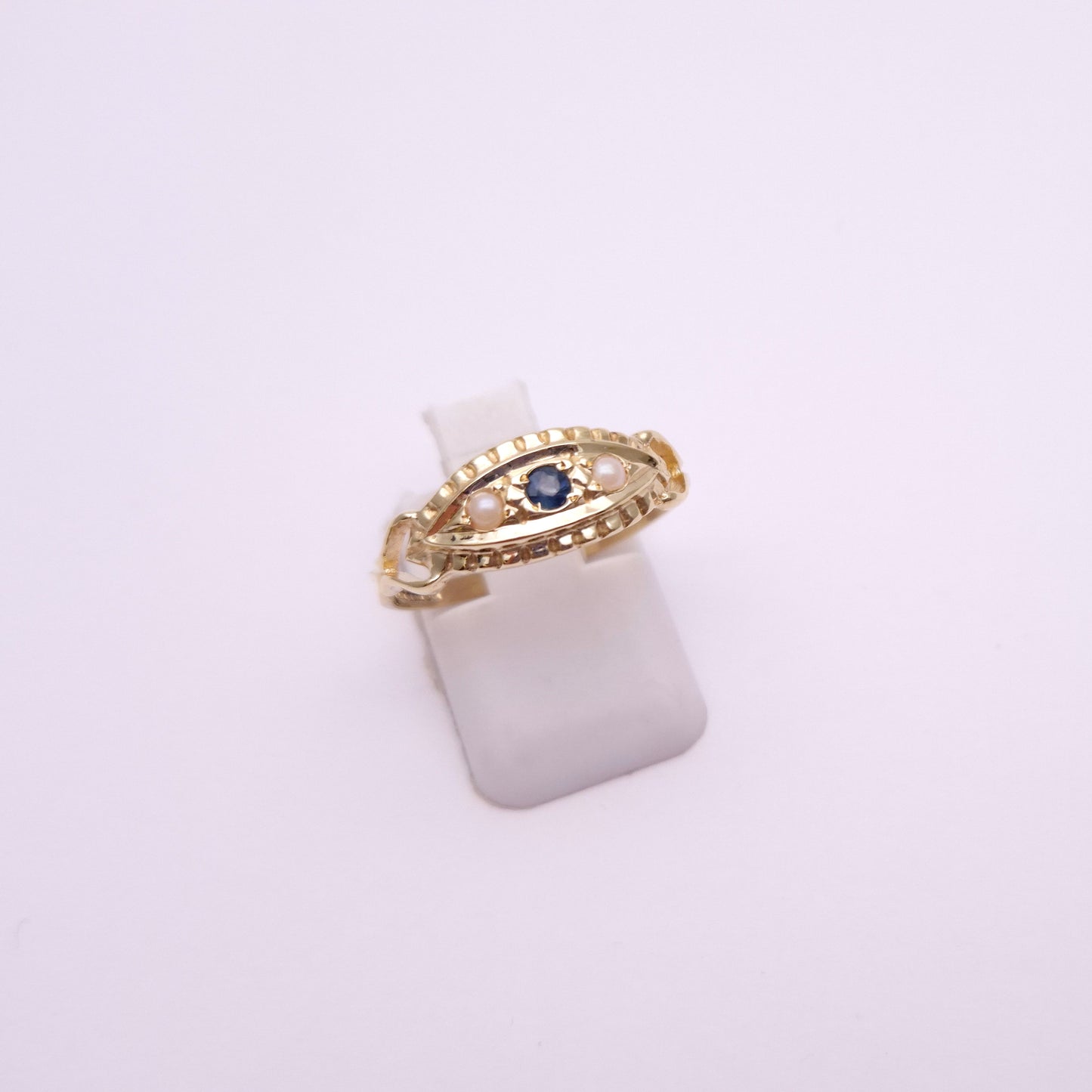 9ct Yellow Gold Sapphire and Pearl Repro Boat Ring