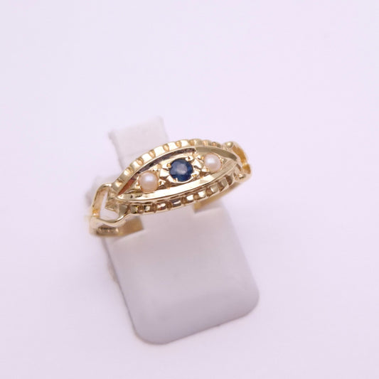 9ct Yellow Gold Sapphire and Pearl Repro Boat Ring