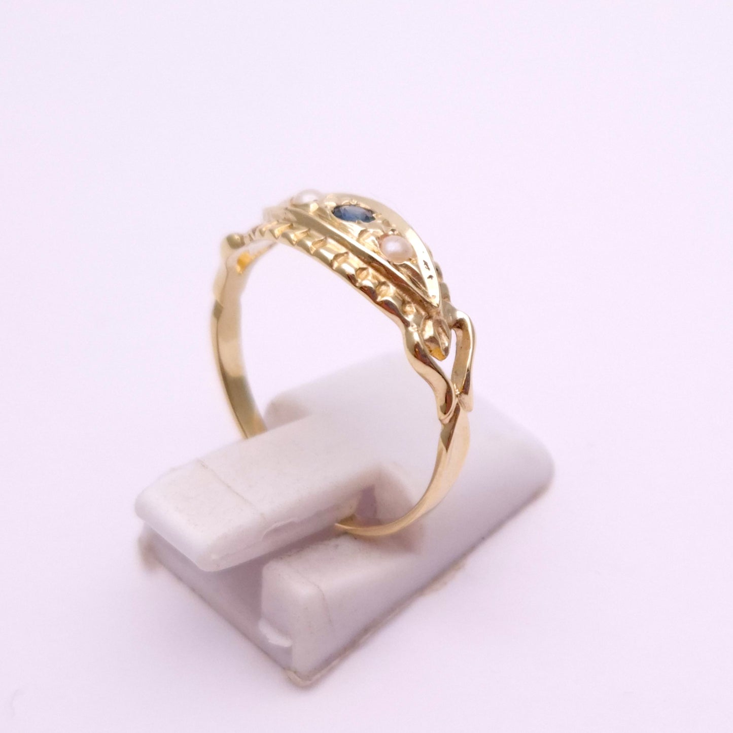 9ct Yellow Gold Sapphire and Pearl Repro Boat Ring