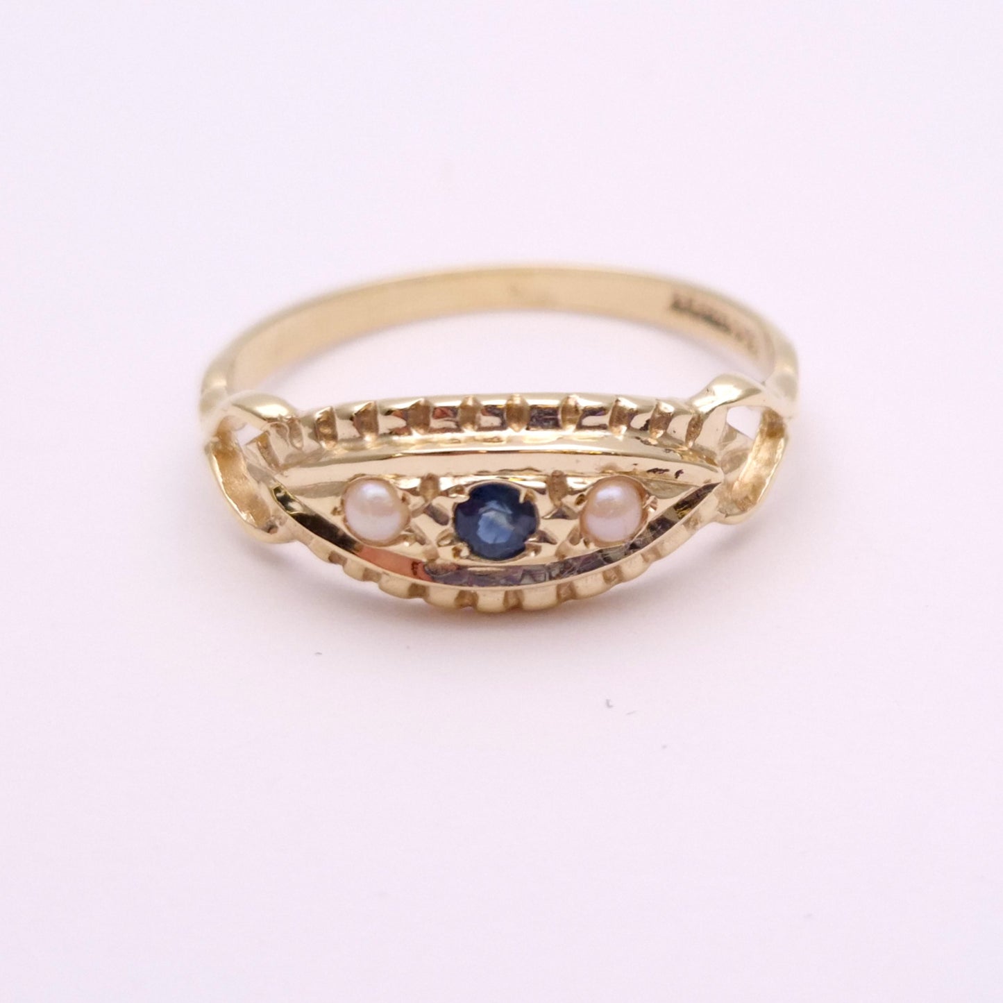 9ct Yellow Gold Sapphire and Pearl Repro Boat Ring