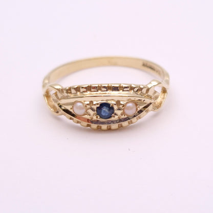 9ct Yellow Gold Sapphire and Pearl Repro Boat Ring