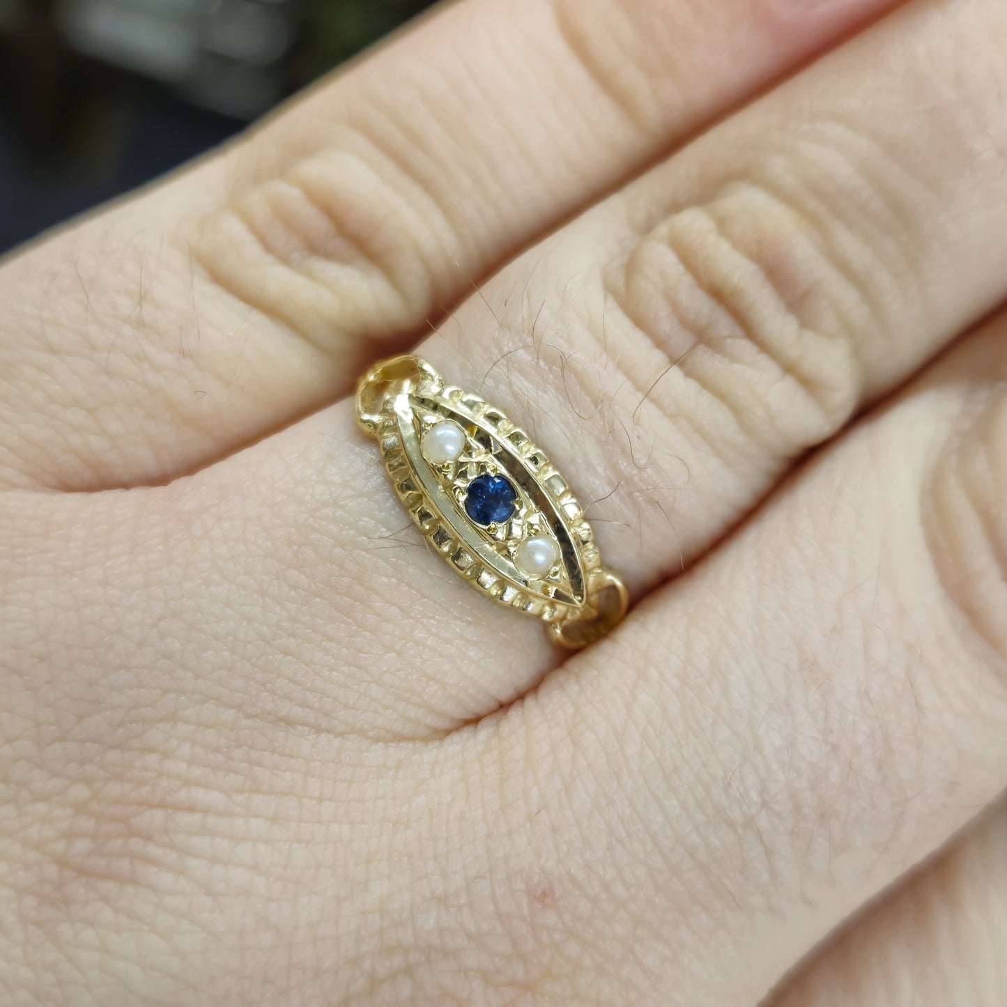 9ct Yellow Gold Sapphire and Pearl Repro Boat Ring