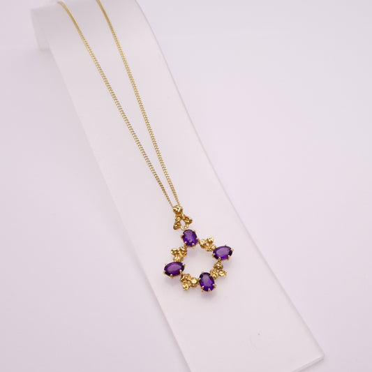 9ct Yellow Gold Amethyst Circular Pendant Necklace
