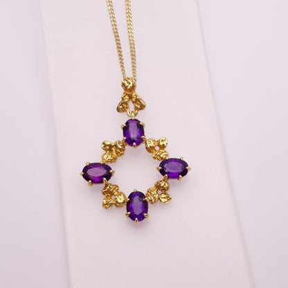 9ct Yellow Gold Amethyst Circular Pendant Necklace